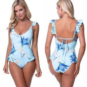 Beach Joy Blue Floral Ruffle Trim One Piece Swimsuit‎ Size S